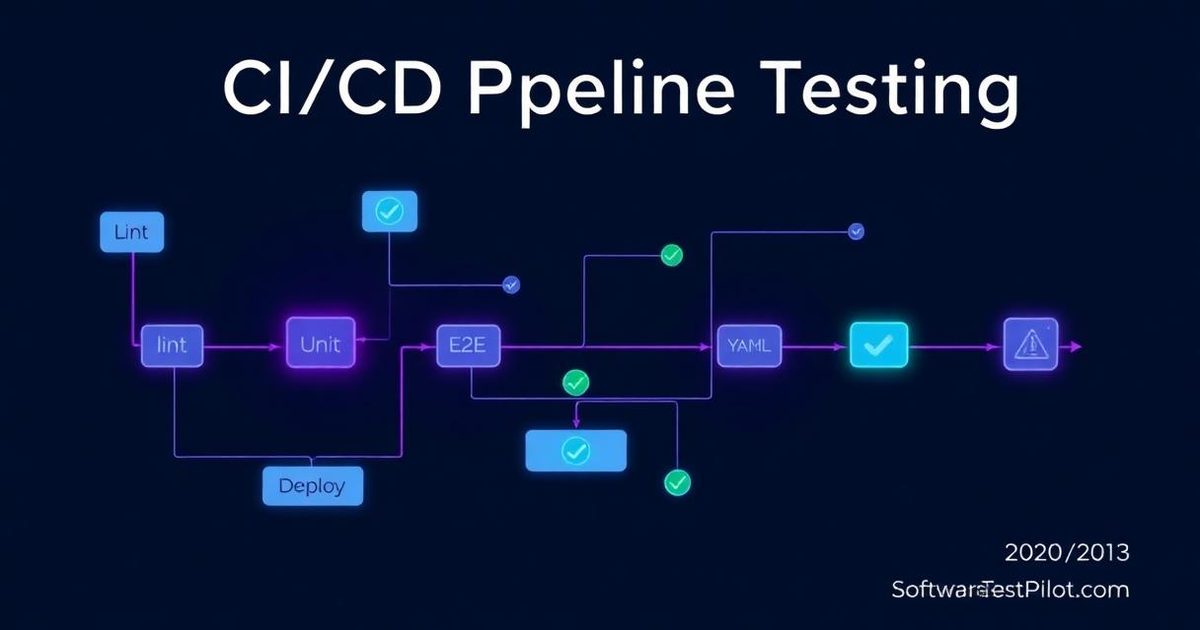 CI/CD pipeline testing cover — flow diagram of lint, unit, integration, and E2E stages converging on a green deploy gate with YAML brackets.