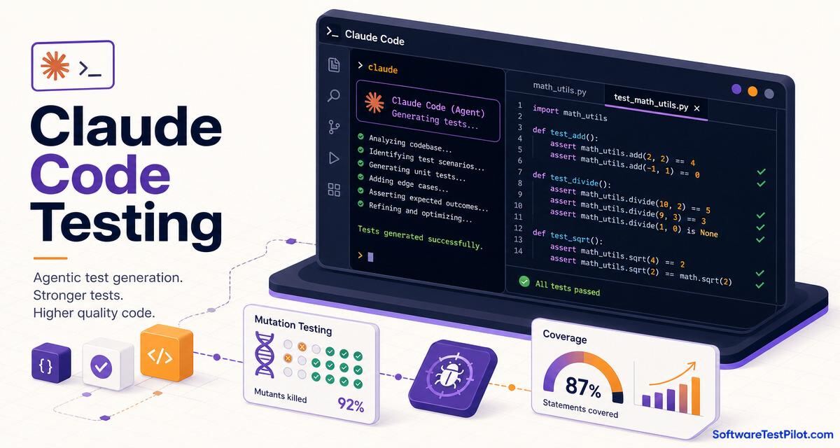 Claude Code testing cover — isometric infographic of the Claude Code terminal generating unit tests, a coverage meter climbing to 87% and a mutation-testing badge, with the SoftwareTestPilot.com wordmark.