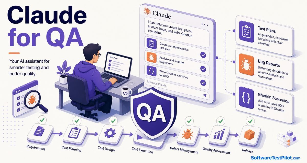 Claude for QA cover — isometric infographic of Claude AI assisting a QA engineer with test plans, bug reports and Gherkin scenarios, a workflow diagram from requirement to release, and the SoftwareTestPilot.com wordmark.