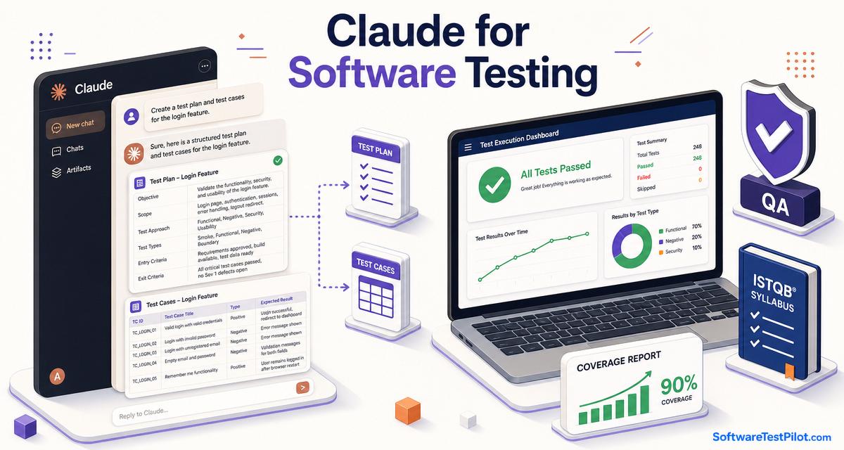 Claude for software testing cover — isometric infographic of Claude AI producing test plans and test cases, a laptop showing a green passing dashboard, an ISTQB syllabus icon, a QA shield and a coverage report climbing to 90%, with the SoftwareTestPilot.com wordmark.