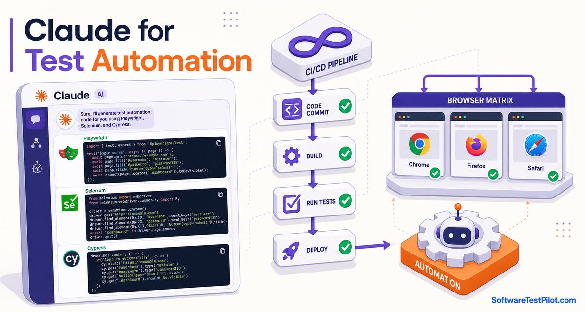 Claude for test automation cover — isometric infographic of Claude generating Playwright, Selenium and Cypress code with a CI/CD pipeline and browser matrix (Chrome, Firefox, Safari), and the SoftwareTestPilot.com wordmark.