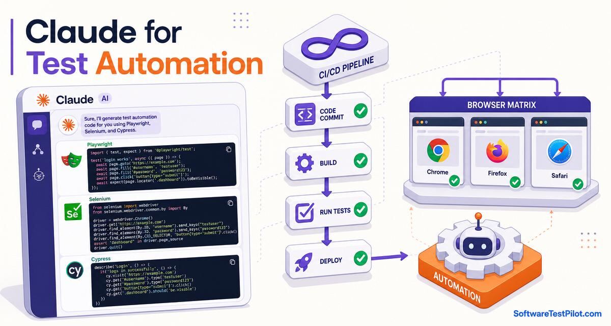 Claude for test automation cover — isometric infographic of Claude generating Playwright, Selenium and Cypress code with a CI/CD pipeline and browser matrix (Chrome, Firefox, Safari), and the SoftwareTestPilot.com wordmark.