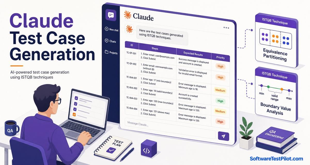 Claude test case generation cover — isometric infographic of Claude producing an ISTQB-style test case table with Equivalence Partitioning and Boundary Value Analysis icons, a QA engineer reviewing the output, and the SoftwareTestPilot.com wordmark.