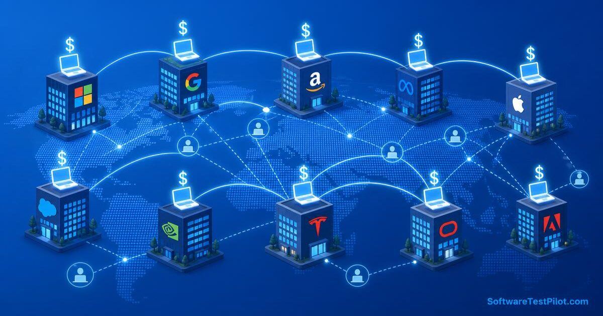 Isometric illustration of ten global tech company offices connected by a remote-work network of laptops and dollar-sign nodes, brand-blue palette, SoftwareTestPilot.com wordmark in the corner.