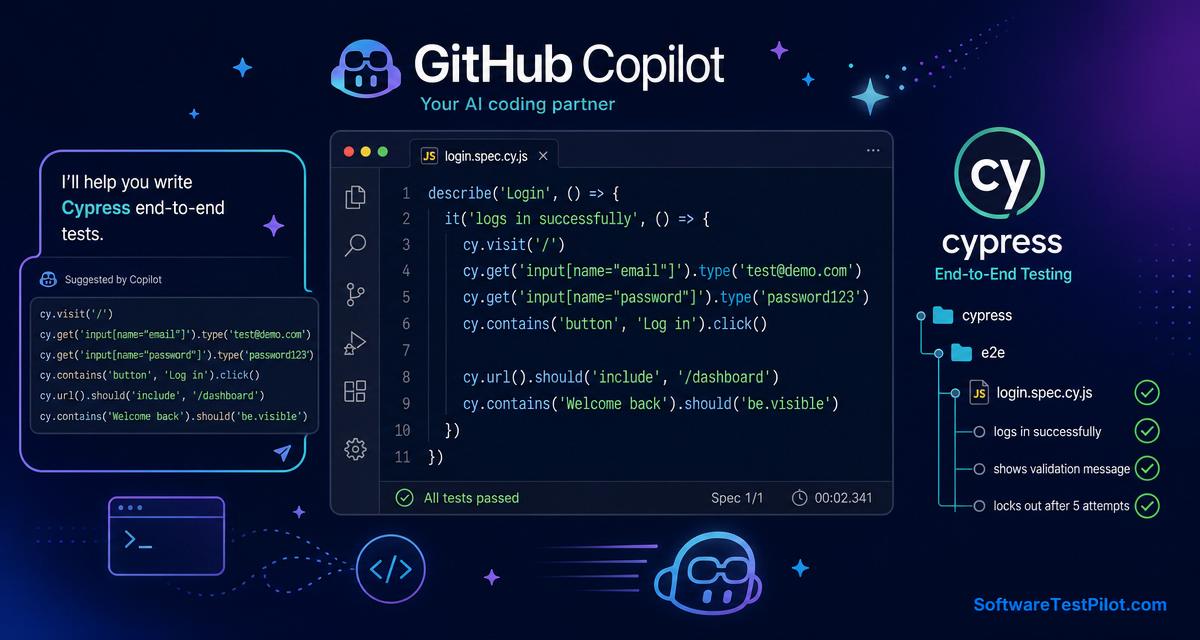 GitHub Copilot inside VS Code autocompleting a Cypress test with cy.intercept mocks and fixtures