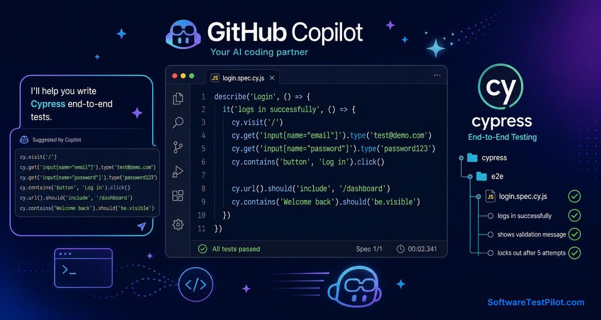 GitHub Copilot inside VS Code autocompleting a Cypress test with cy.intercept mocks and fixtures