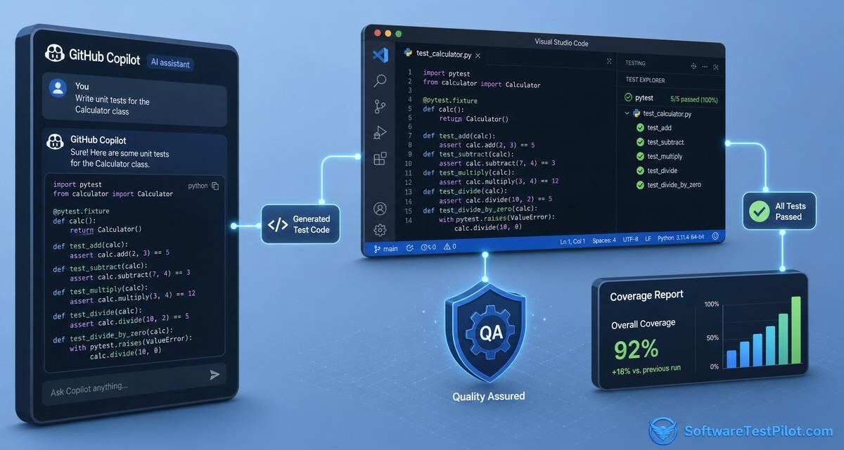 GitHub Copilot for testing cover — isometric infographic of a Copilot chat panel producing test code, VS Code with green passing tests, a QA shield gear and a coverage report climbing to 92%, with the SoftwareTestPilot.com wordmark.