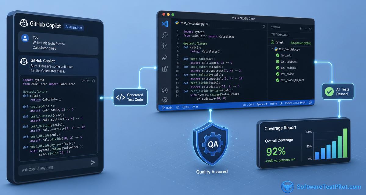 GitHub Copilot for testing cover — isometric infographic of a Copilot chat panel producing test code, VS Code with green passing tests, a QA shield gear and a coverage report climbing to 92%, with the SoftwareTestPilot.com wordmark.