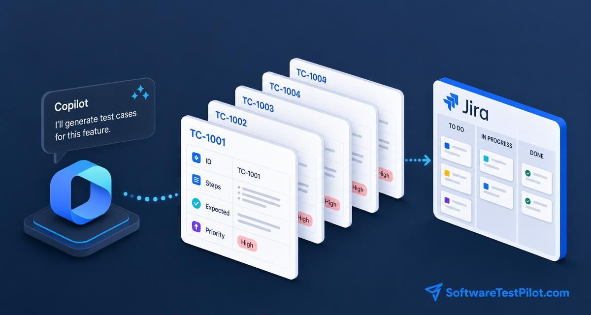 Copilot generating test cases cover — Copilot chat producing a stack of numbered test-case cards (ID, Steps, Expected, Priority) fanning out toward a Jira board, with the SoftwareTestPilot.com wordmark.