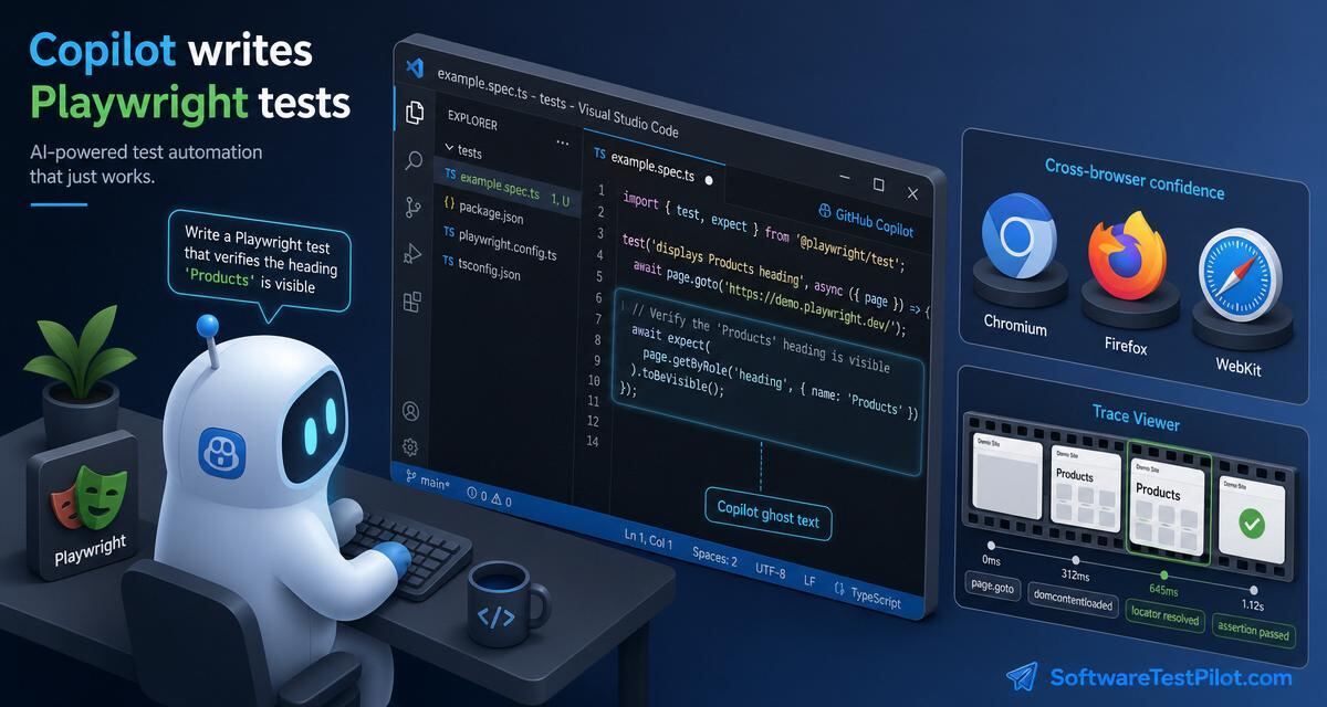Copilot Playwright cover — VS Code with Copilot ghost text producing a Playwright TypeScript test using page.getByRole, cross-browser Chromium/Firefox/WebKit badges and a trace-viewer film-strip, with the SoftwareTestPilot.com wordmark.
