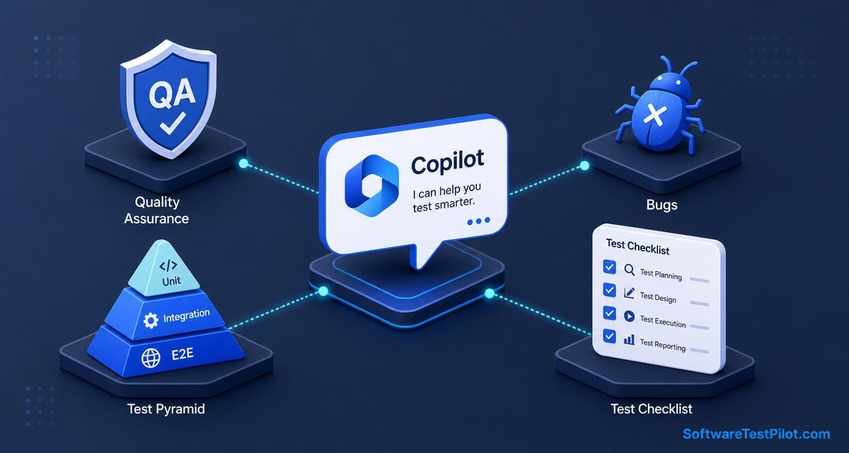 Copilot QA testing cover — central Copilot chat bubble connected to a QA shield, a bug icon, a test pyramid (unit/integration/E2E) and a test-planning checklist card, with the SoftwareTestPilot.com wordmark.