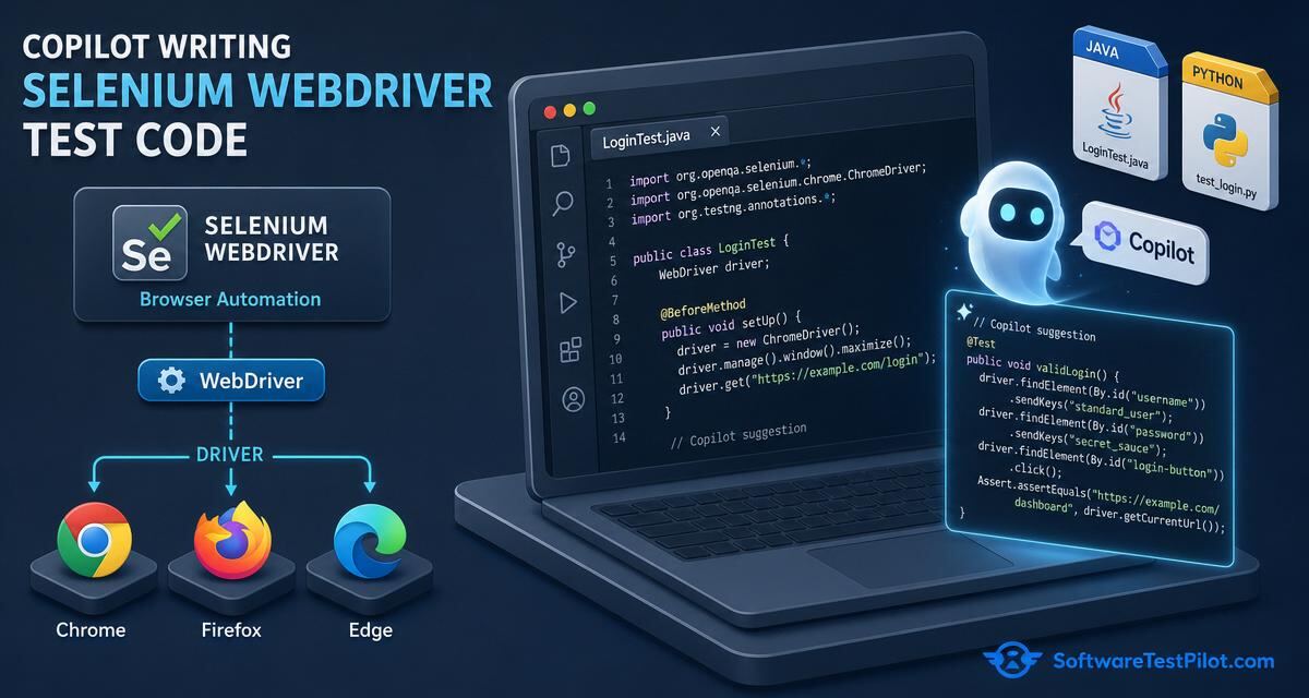 Copilot Selenium cover — laptop showing Copilot ghost text producing a Selenium WebDriver Java test with Chrome, Firefox and Edge browser icons driven by a WebDriver arrow, with the SoftwareTestPilot.com wordmark.