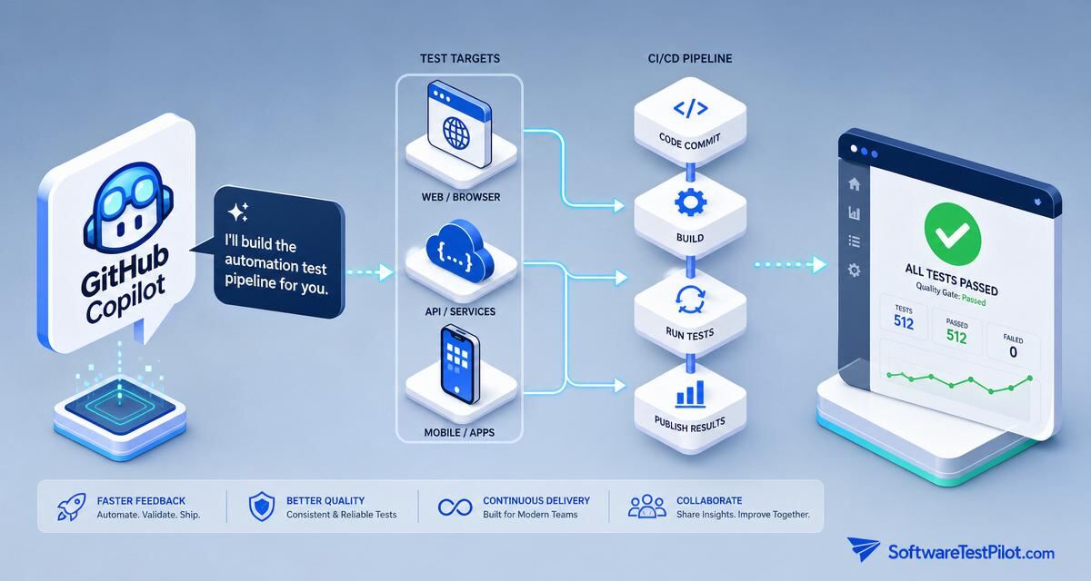 GitHub Copilot test automation cover — isometric infographic of Copilot generating a test-automation pipeline for web, API and mobile with CI/CD arrows to a green dashboard, and the SoftwareTestPilot.com wordmark.