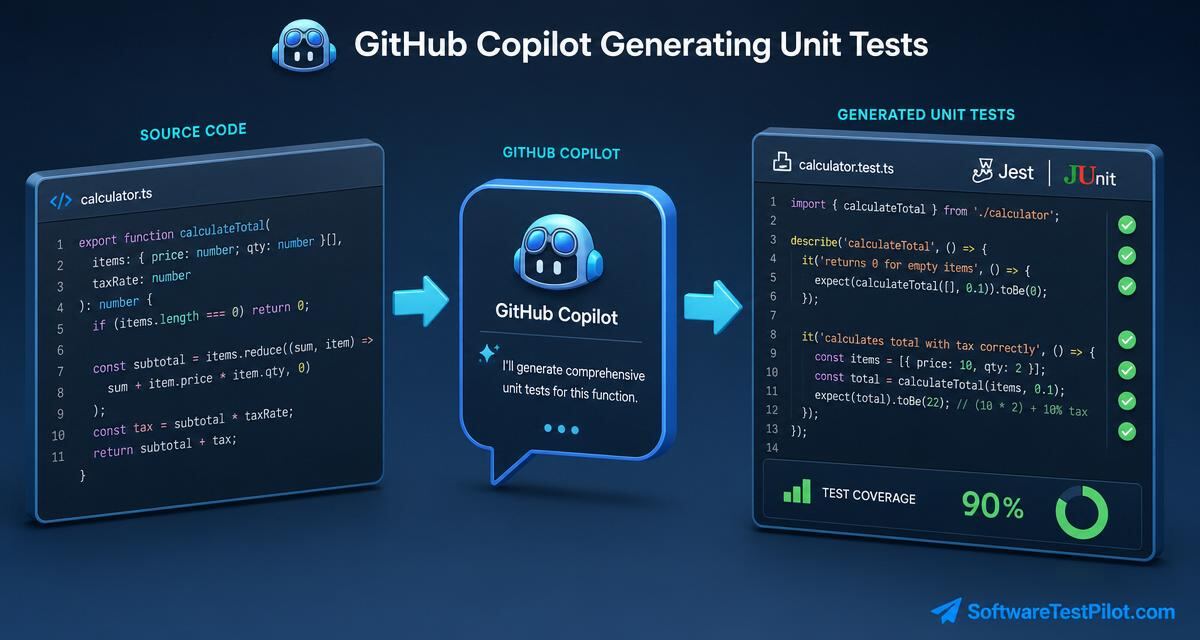 GitHub Copilot unit tests cover — source function on the left, Copilot chat in the middle, generated Jest/JUnit test file with green ticks and a 90% coverage meter on the right, with the SoftwareTestPilot.com wordmark.