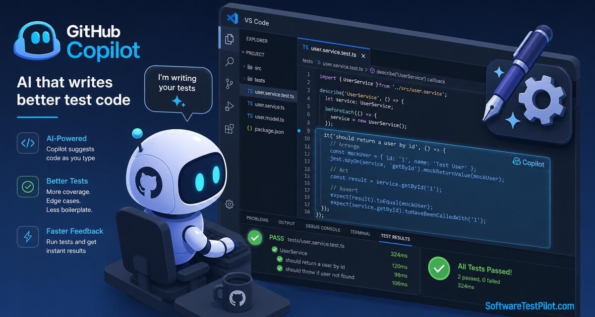 GitHub Copilot writing tests cover — Copilot chat producing ghost-text test code inside VS Code with green passing tests and a pen-and-gear icon, and the SoftwareTestPilot.com wordmark.