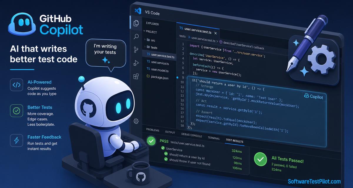 GitHub Copilot writing tests cover — Copilot chat producing ghost-text test code inside VS Code with green passing tests and a pen-and-gear icon, and the SoftwareTestPilot.com wordmark.