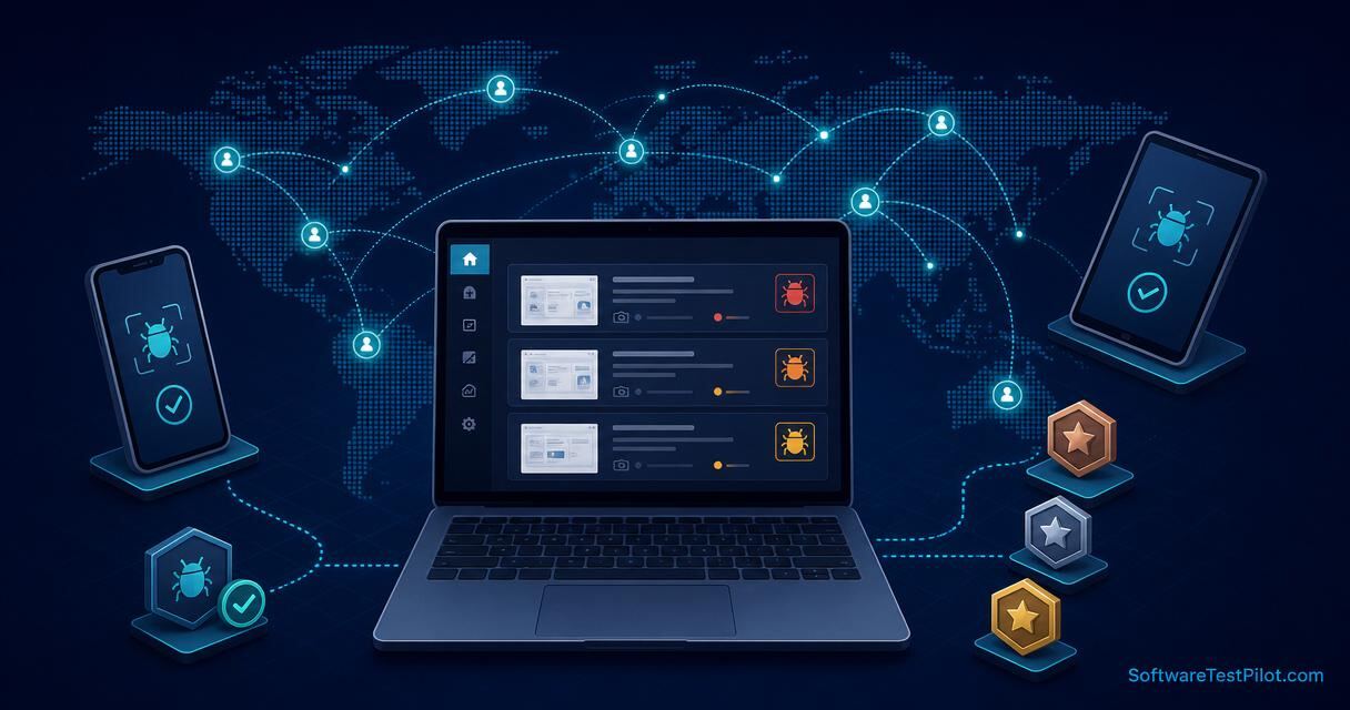 Flat editorial cover showing a tester dashboard with bug-report cards, a world map of distributed testers, mobile devices, and Bronze/Silver/Gold tier badges on a deep navy background.