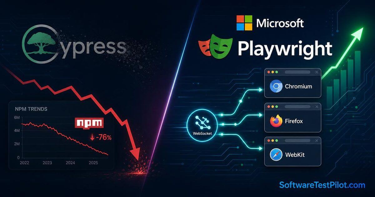 Split-screen editorial cover: fading Cypress logo with a red declining NPM chart on the left, rising Microsoft Playwright wordmark with green growth chart and Chromium/Firefox/WebKit browser windows connected by WebSocket lines on the right. SoftwareTestPilot.com wordmark in the corner.