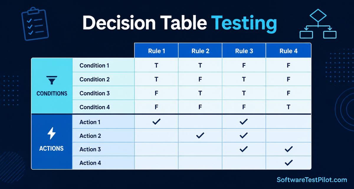 Editorial cover showing a decision-table grid with condition rows in true/false cells and action rows with checkmarks under the title Decision Table Testing, and the SoftwareTestPilot.com wordmark.