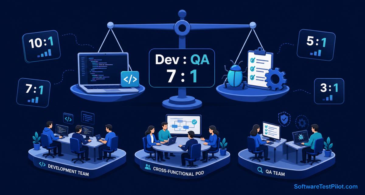 Editorial cover showing a balanced scale weighing developer laptop against QA checklist and bug icons, dev-to-QA ratio benchmarks 10:1, 7:1, 5:1, 3:1, and the SoftwareTestPilot.com wordmark.