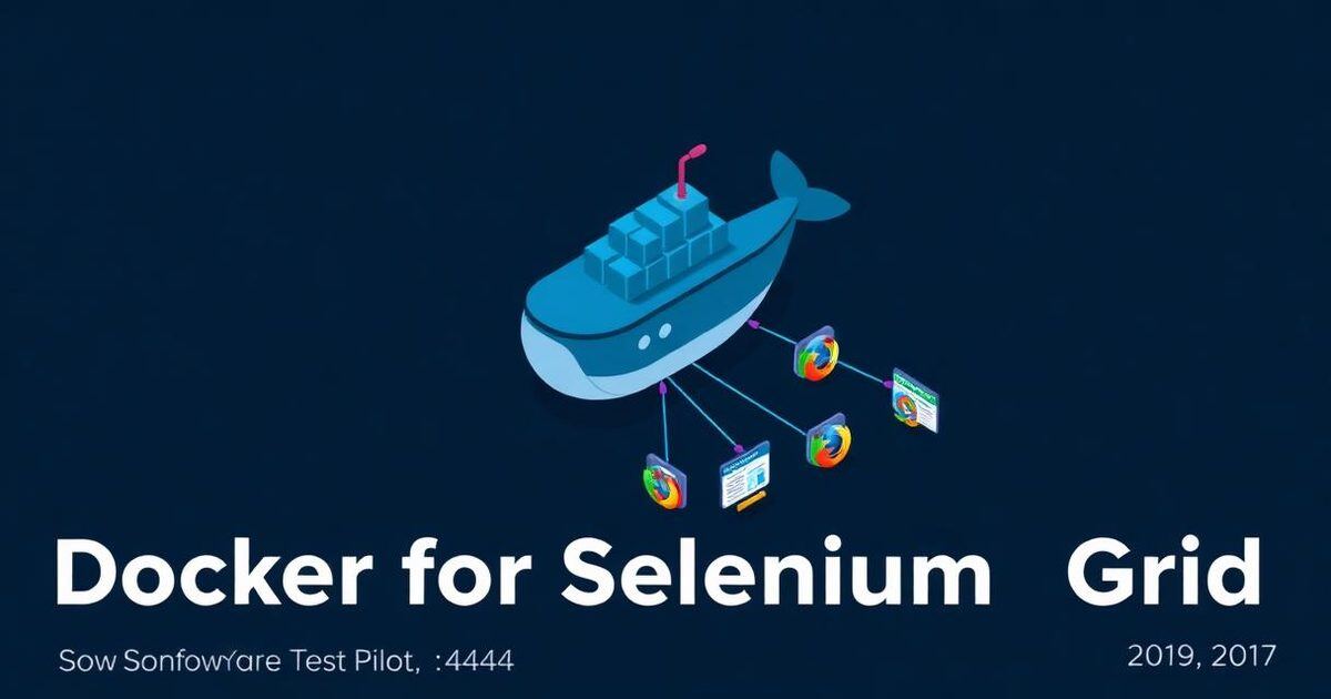 Docker for Selenium Grid cover — Docker whale container connected to Chrome and Firefox browser nodes via cyan grid lines on a dark editorial background.