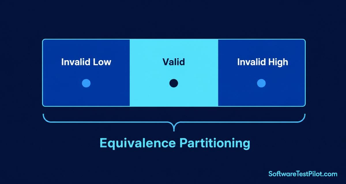 Editorial cover showing three colored partitions labeled Invalid Low, Valid, and Invalid High under a bracket titled Equivalence Partitioning, with the SoftwareTestPilot.com wordmark.