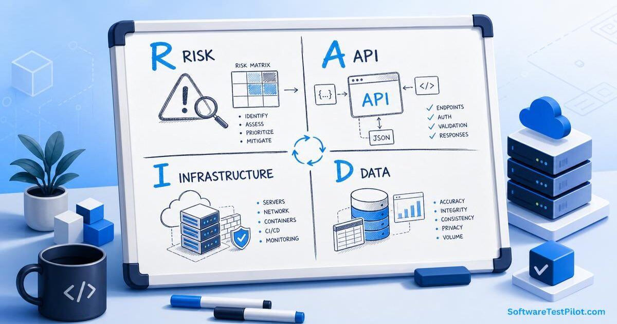 Whiteboard sketch of the R.A.I.D. interview framework — Risk, API, Infrastructure, Data — for SDET candidates