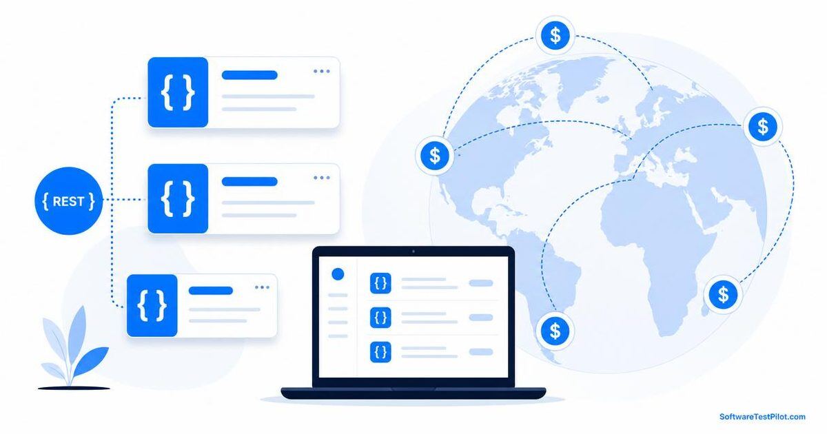 Freelance API tester editorial cover — REST endpoint cards, a globe of global clients with dollar-sign nodes, and a Postman-style request collection on a laptop.