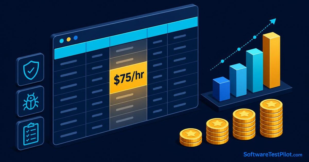 Flat editorial cover showing a freelance rate dashboard with a highlighted $75/hr cell, a rising bar chart, and stacks of gold coins on a deep navy background.