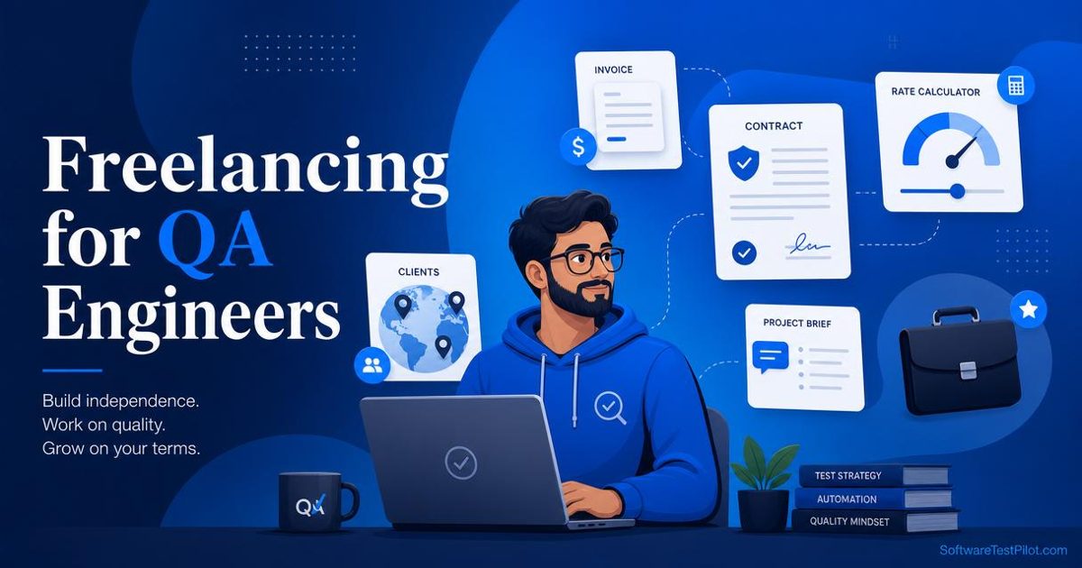 Freelancing for QA Engineers cover — freelance QA engineer at a laptop with floating invoice, contract, rate calculator, briefcase, and global client map.