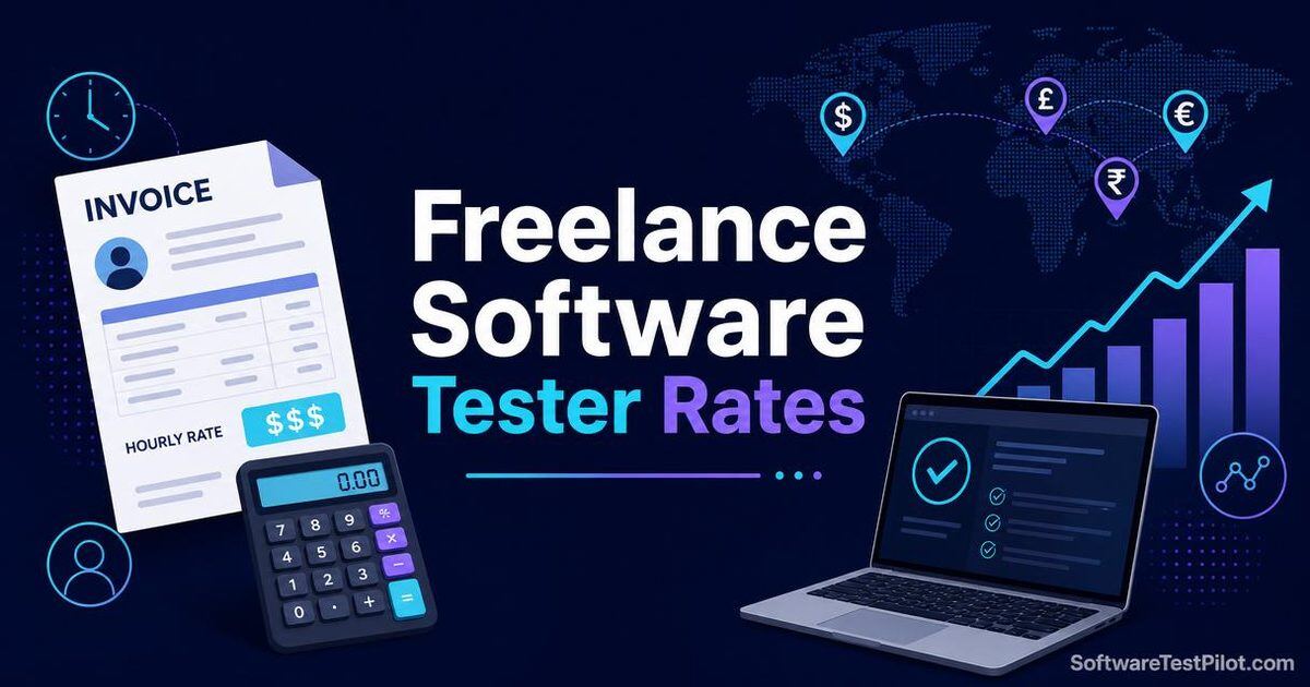 Freelance software tester rates cover — invoice, calculator, global currency map and upward trending rate chart.