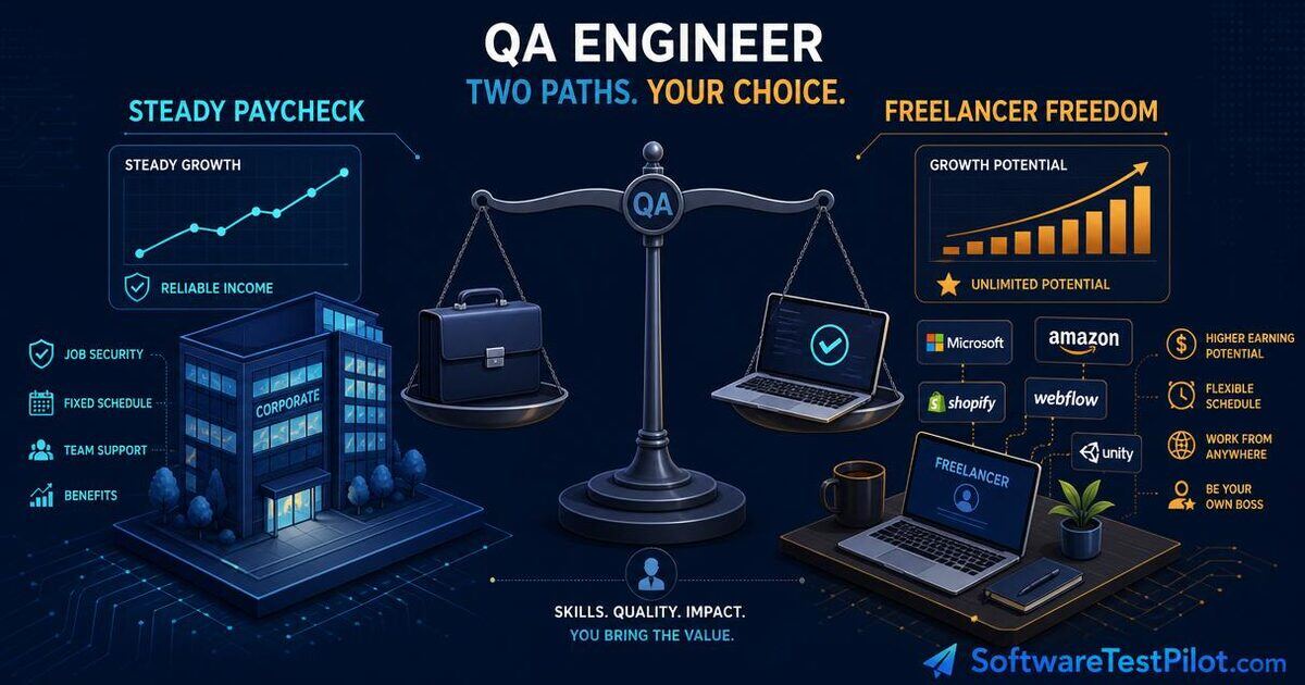 Flat editorial cover comparing two QA career paths — a steady paycheck graph on one side and a freelancer laptop with client logos and a rising chart on the other, balanced on a central scale.