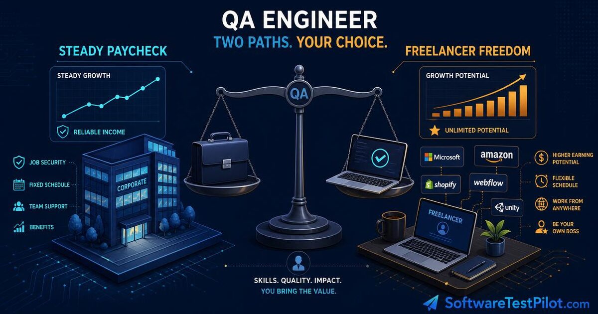 Flat editorial cover comparing two QA career paths — a steady paycheck graph on one side and a freelancer laptop with client logos and a rising chart on the other, balanced on a central scale.