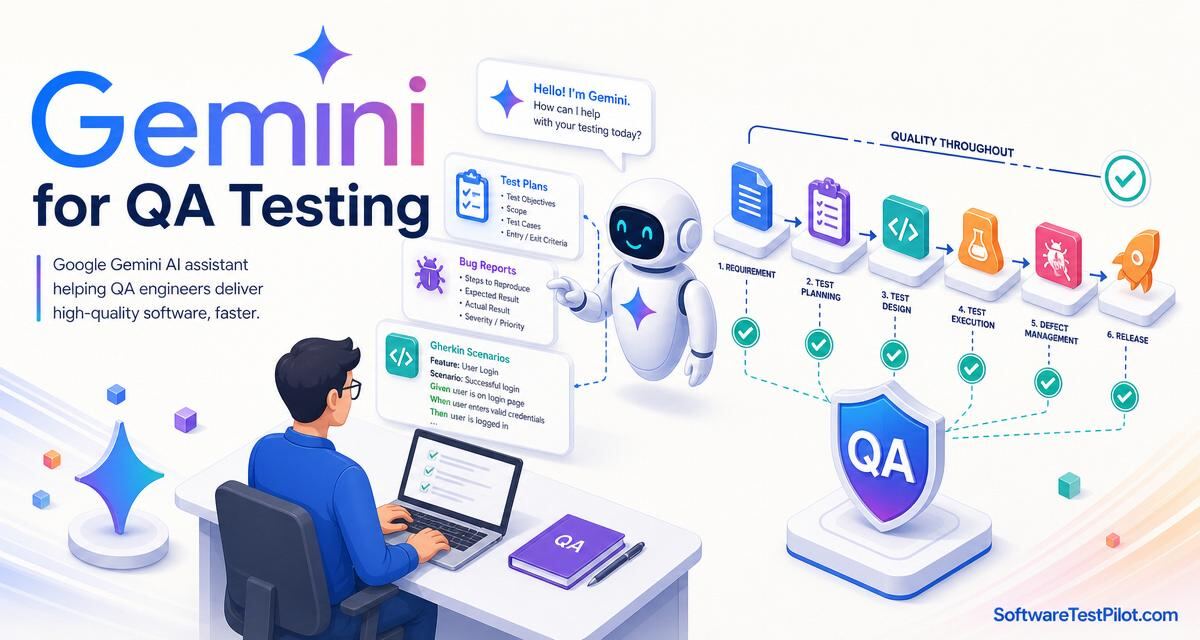 Gemini for QA testing cover — isometric infographic of Google Gemini AI assisting a QA engineer with test plans, bug reports and Gherkin scenarios, a workflow diagram from requirement to release, and the SoftwareTestPilot.com wordmark.