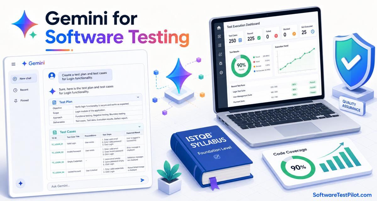 Gemini for software testing cover — isometric infographic of Google Gemini producing test plans and cases, a laptop showing a green passing dashboard, an ISTQB syllabus, a QA shield and a 90% coverage report, with the SoftwareTestPilot.com wordmark.