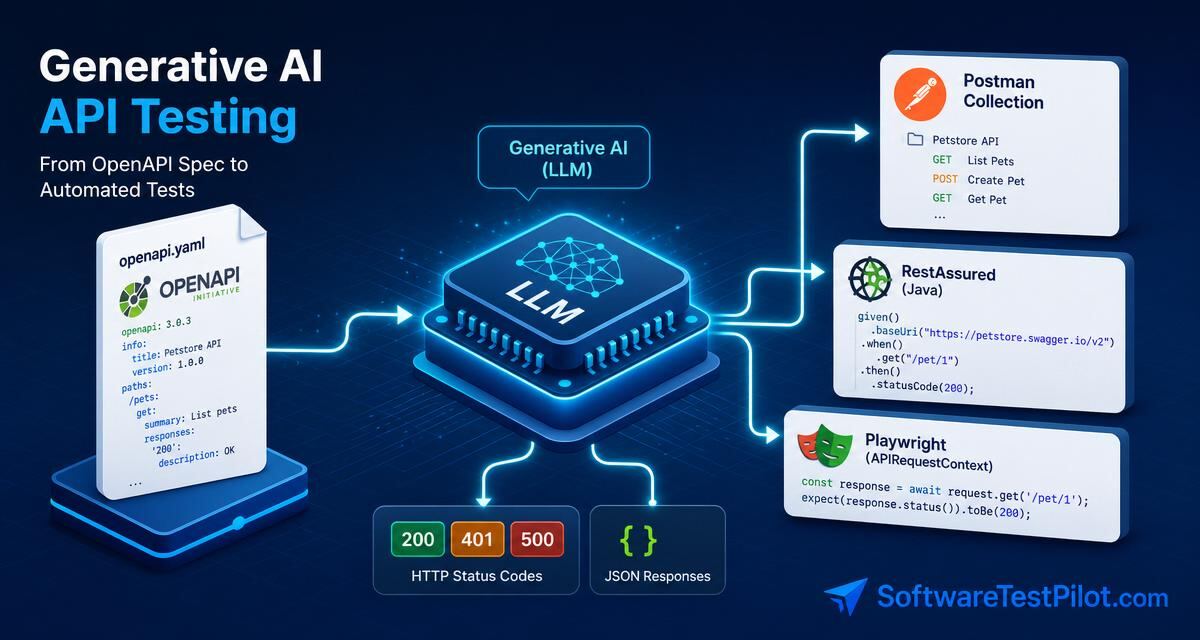 Generative AI API testing cover — OpenAPI spec feeding into an LLM, output branching to Postman, RestAssured and Playwright request context with 200/401/500 status chips, SoftwareTestPilot.com wordmark.