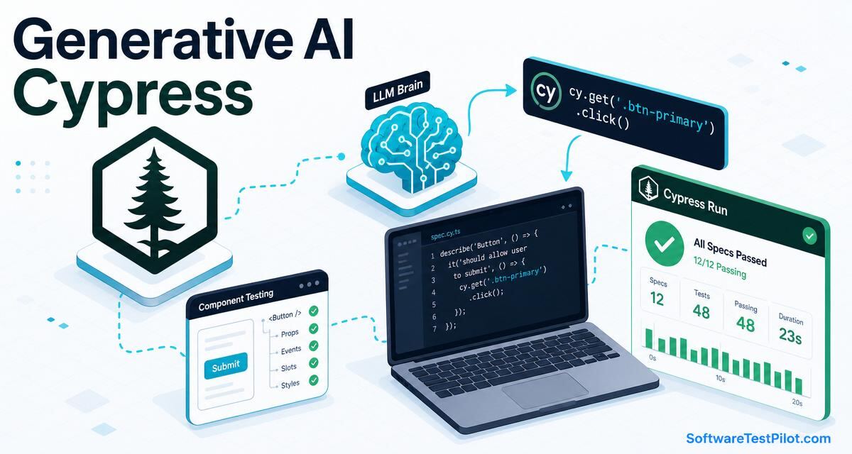 Generative AI Cypress cover — Cypress cypress tree logo with an LLM generating a cy.get() code snippet, a component testing panel and a green Cypress Cloud run dashboard.