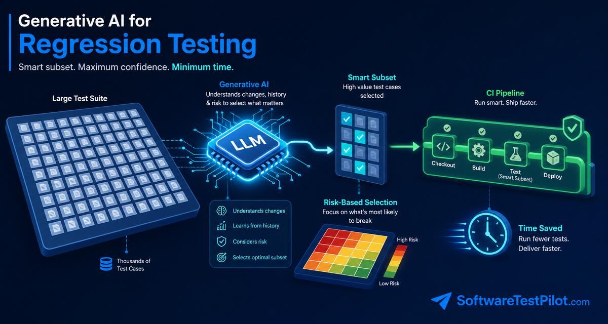 Generative AI regression testing cover — LLM selecting a smart subset of tests from a large suite, flowing into a green CI pipeline with a risk-based heatmap, SoftwareTestPilot.com wordmark.