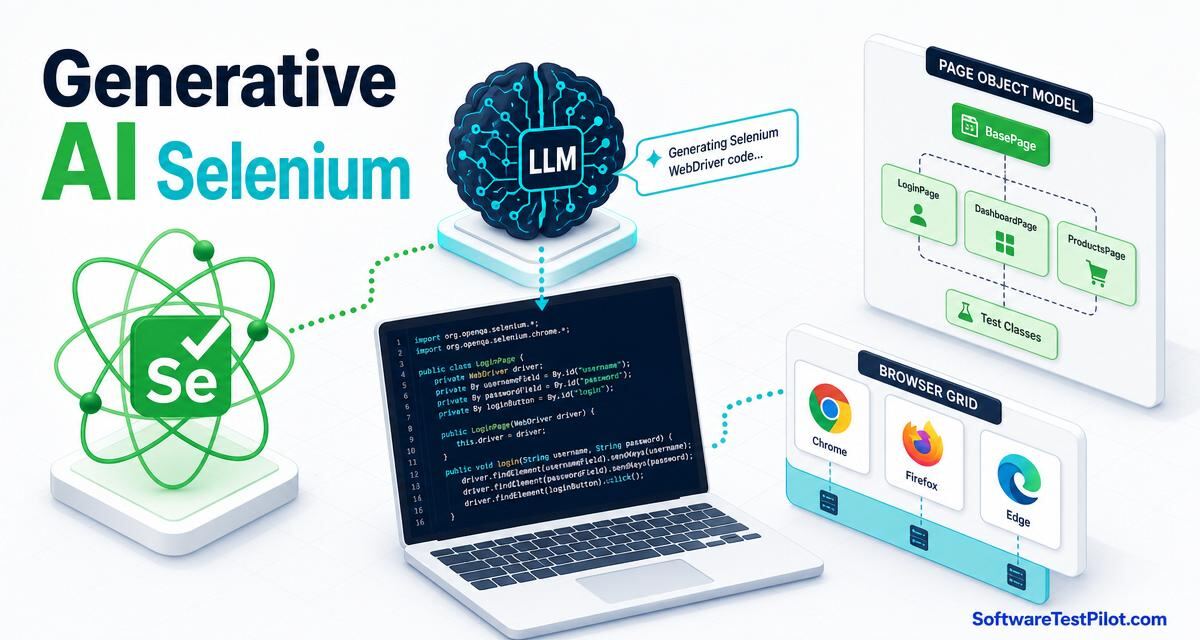 Generative AI Selenium cover — Selenium atom logo with an LLM generating a Java WebDriver code snippet, a Page Object Model diagram and a Chrome/Firefox/Edge browser grid.