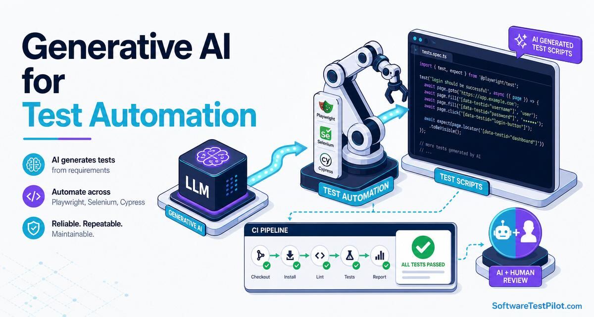 Generative AI for test automation cover — LLM feeding a robot arm generating Playwright/Selenium/Cypress scripts with a green CI dashboard and AI+Human review badge.