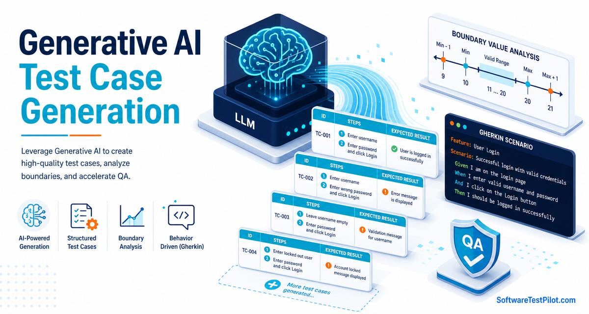 Generative AI test case generation cover — isometric infographic of an LLM emitting structured test case cards, boundary value analysis, a Gherkin scenario snippet and a QA shield, with the SoftwareTestPilot.com wordmark.
