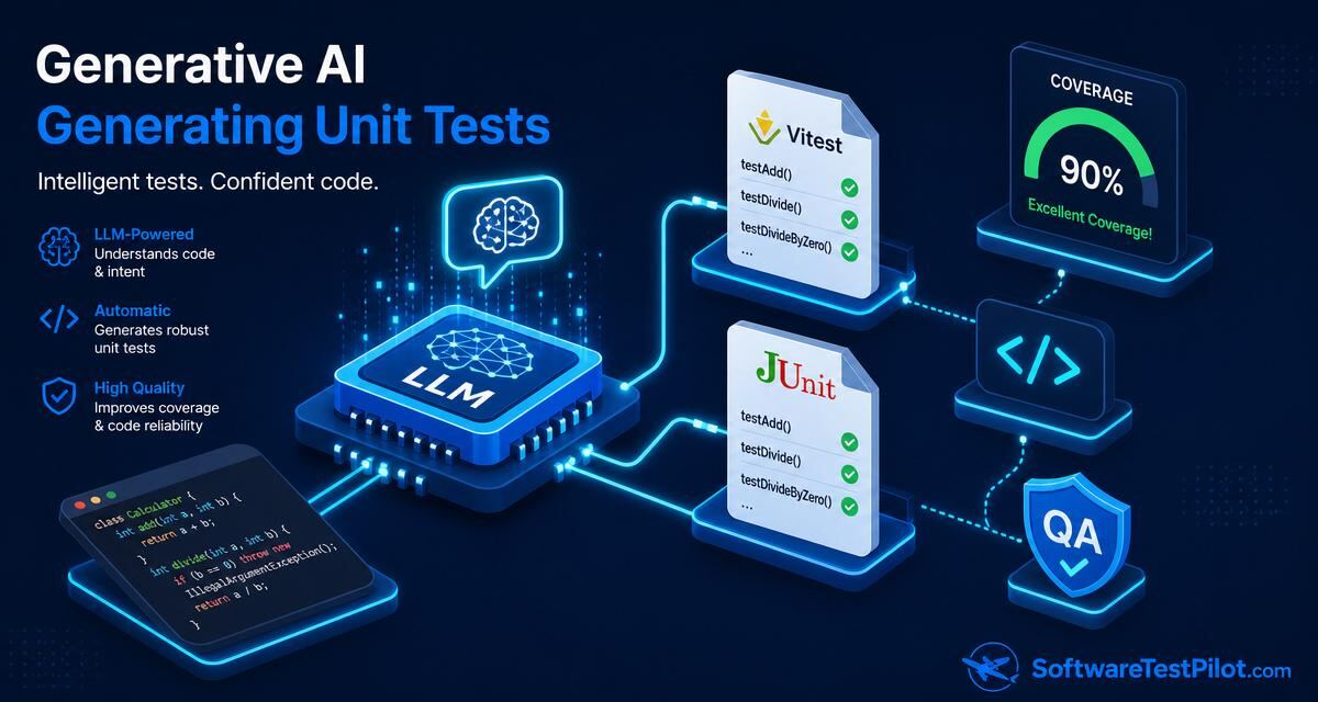 Generative AI unit testing cover — isometric infographic of an LLM chip generating Vitest and JUnit test files with green checkmarks and a 90% coverage gauge, SoftwareTestPilot.com wordmark.