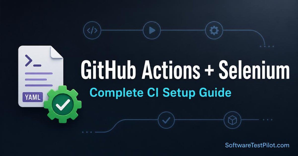 GitHub Actions Selenium CI setup cover — YAML workflow file with browser matrix, Maven cache, and artifact upload icons.
