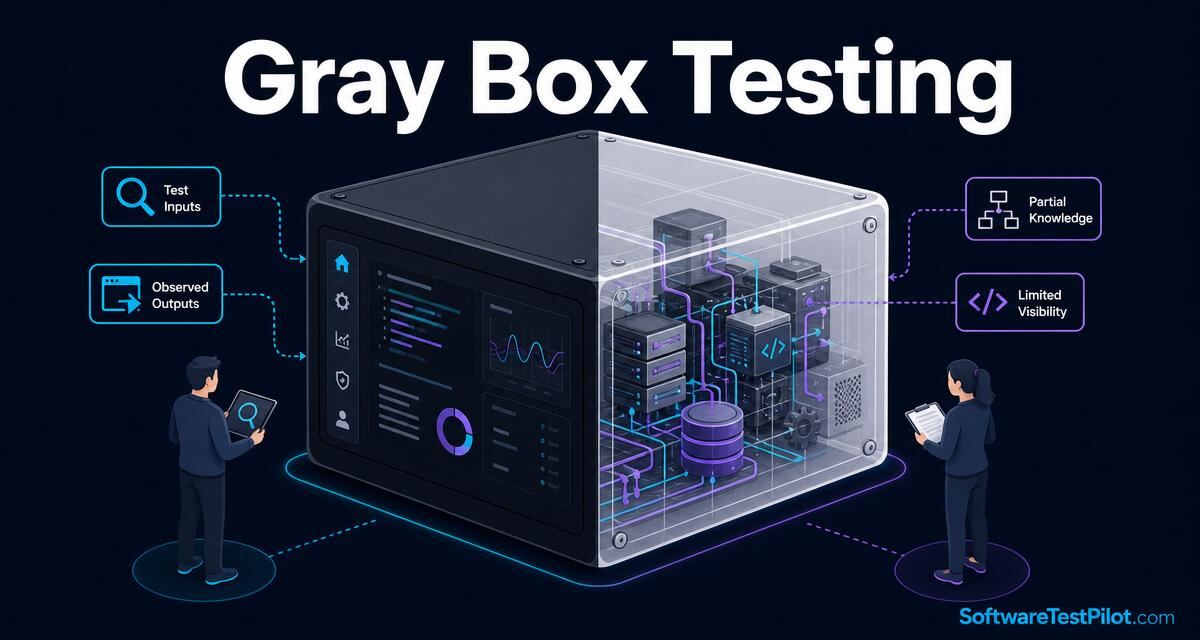 Editorial cover showing a semi-transparent application box with partial internal wiring visible, testers inspecting inputs and outputs, titled Gray Box Testing with the SoftwareTestPilot.com wordmark.