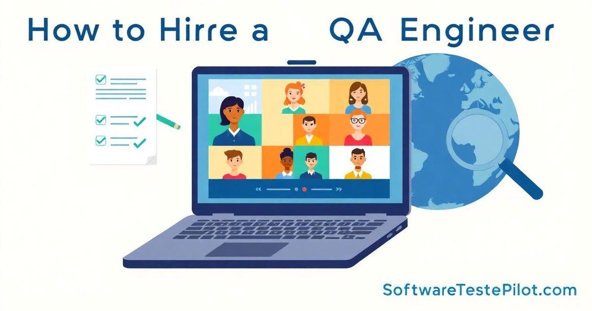 How to hire a QA engineer remotely cover — laptop video-call grid with diverse candidate avatars, job-description checklist, magnifying glass over a resume, and a globe indicating distributed hiring.