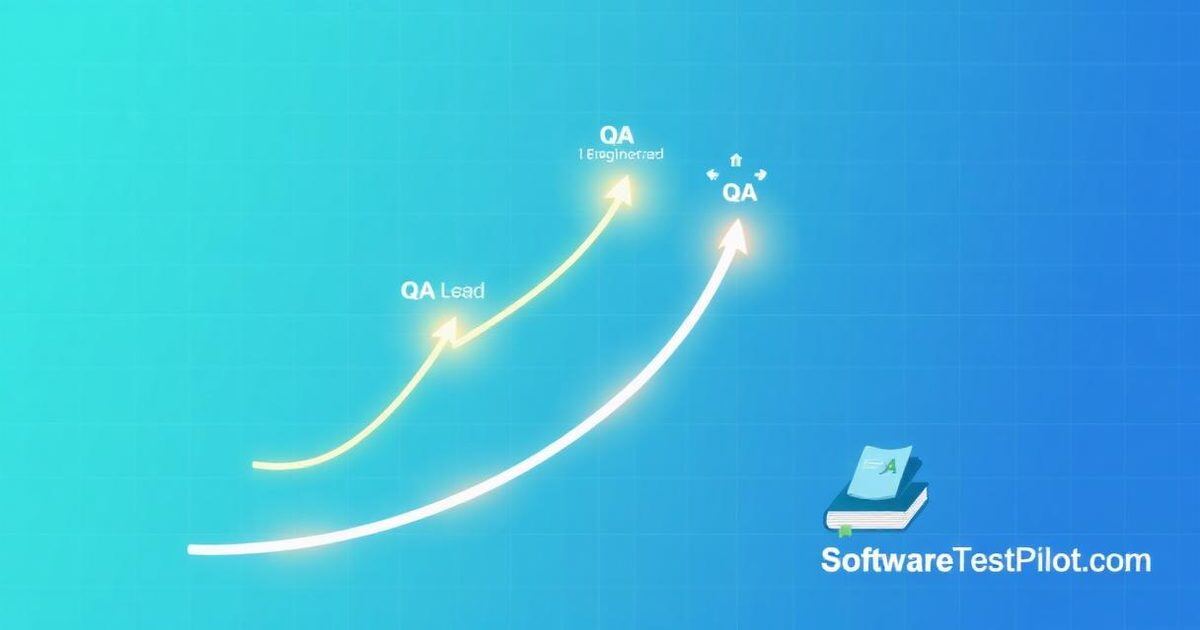 How to become a QA Lead — flat editorial illustration of an upward career path with milestone arrows representing QA Engineer to QA Lead progression.