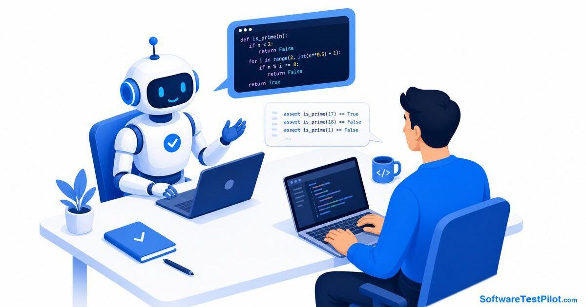 QA tester practicing a mock interview with an AI interviewer inside a laptop, code snippets floating between them.