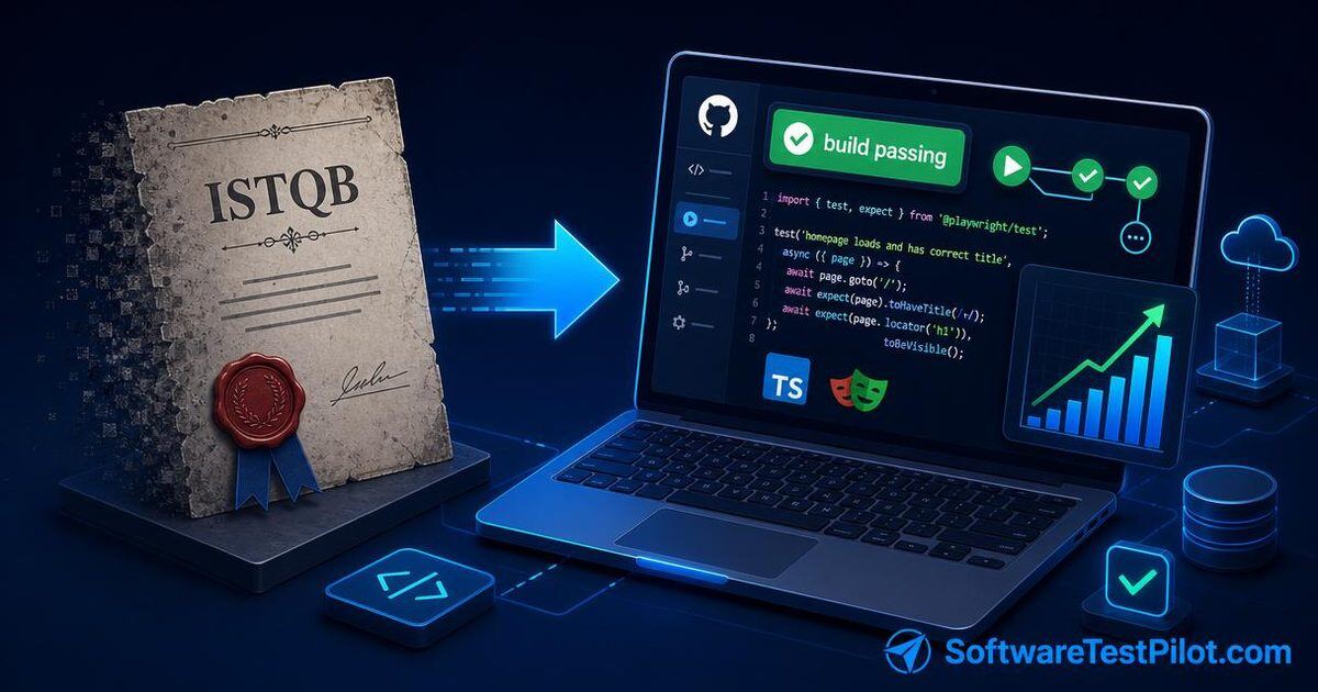 Editorial illustration of a fading ISTQB paper certificate on the left and a laptop showing a green GitHub Actions build-passing badge with Playwright TypeScript code and a rising salary chart on the right, arrow connecting them. SoftwareTestPilot.com wordmark in the corner.