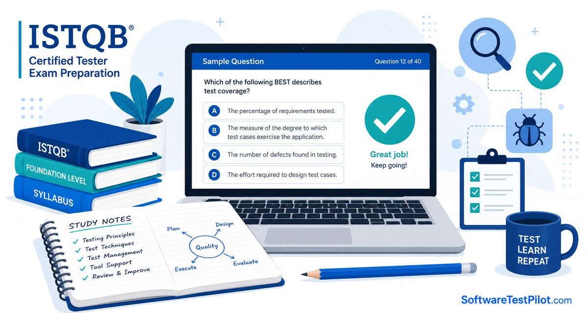 ISTQB Foundation Level practice test — 100 sample multiple-choice questions and answer key on a notebook