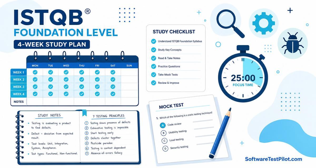 ISTQB Foundation Level 4-week study plan with mock tests, revision checklist, and CTFL exam timer on a desk